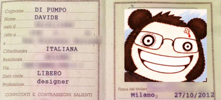 My old Italian ID card, with the panda as the photo and "designer" on the Profession line