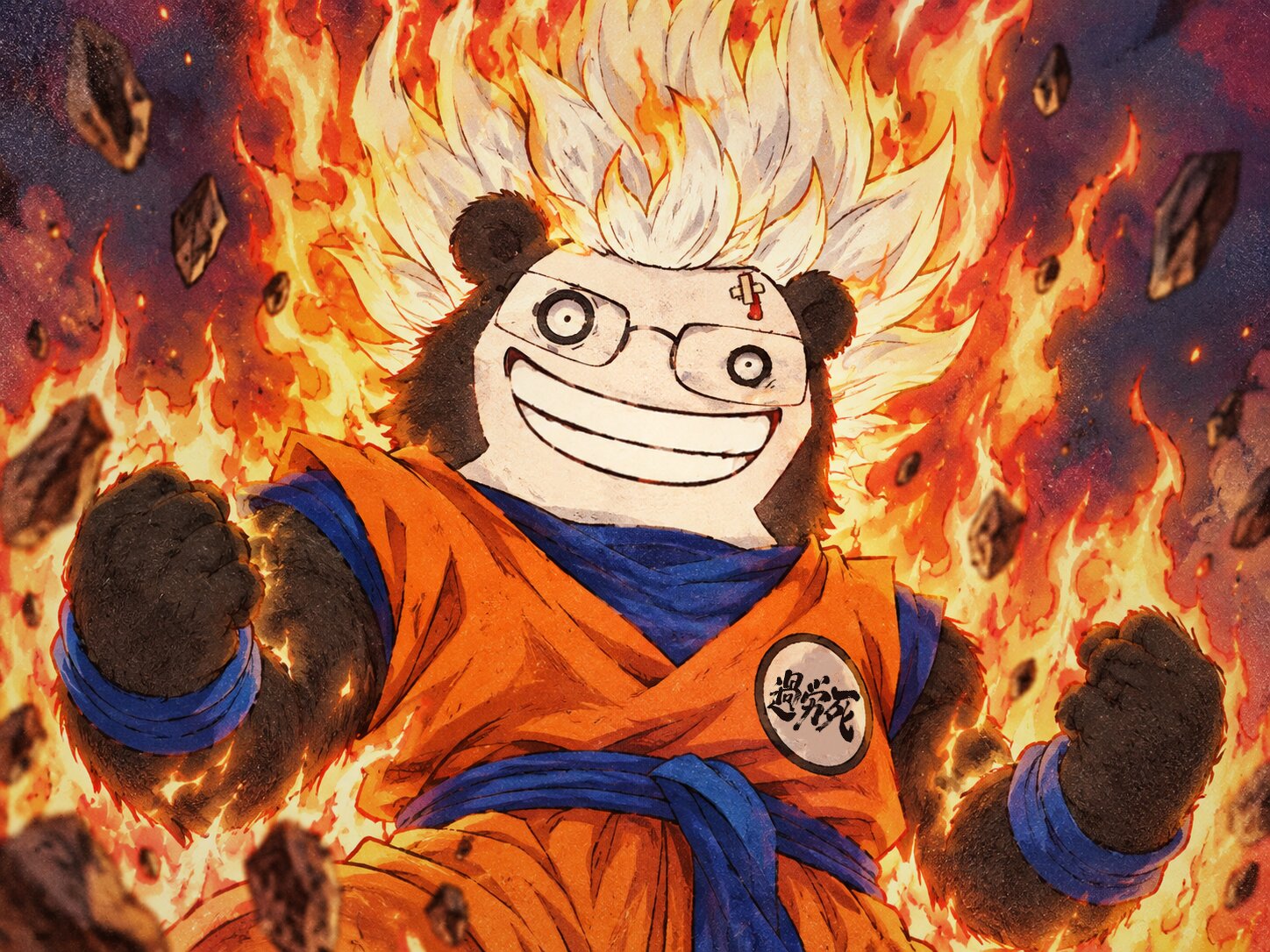 The panda gone Super Saiyan, wrapped in flames, with the kanji for karōshi on his chest