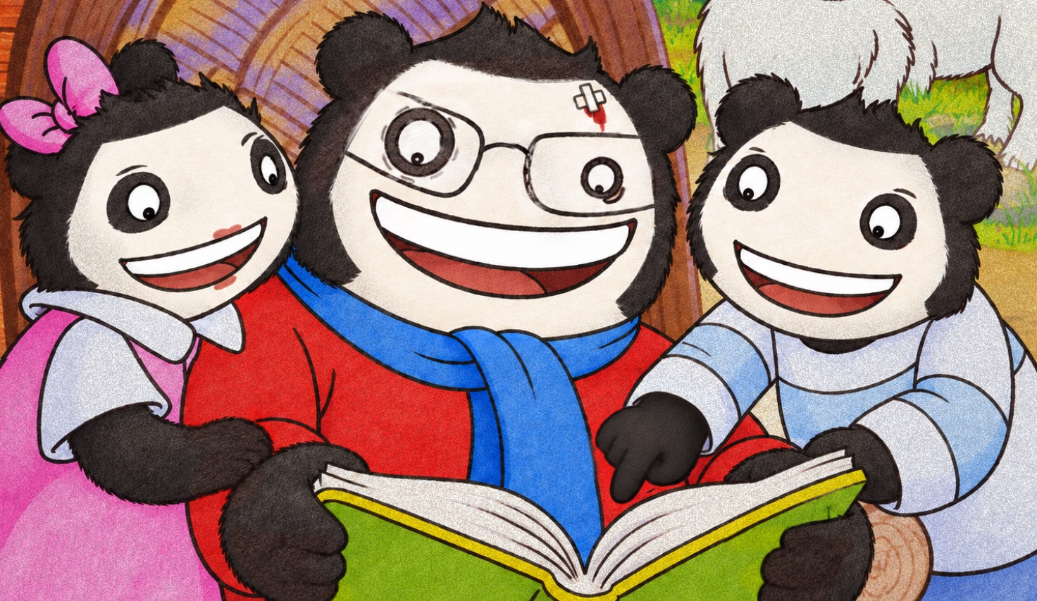 Papa Beaver reading a book to his two kids