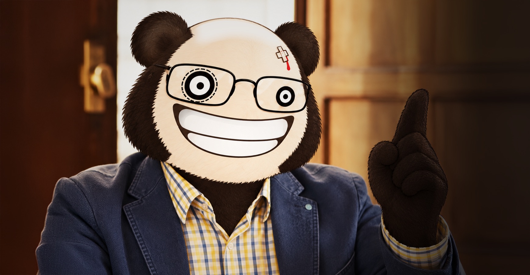 The panda in a blazer and checked shirt, raising a finger like Checco Zalone