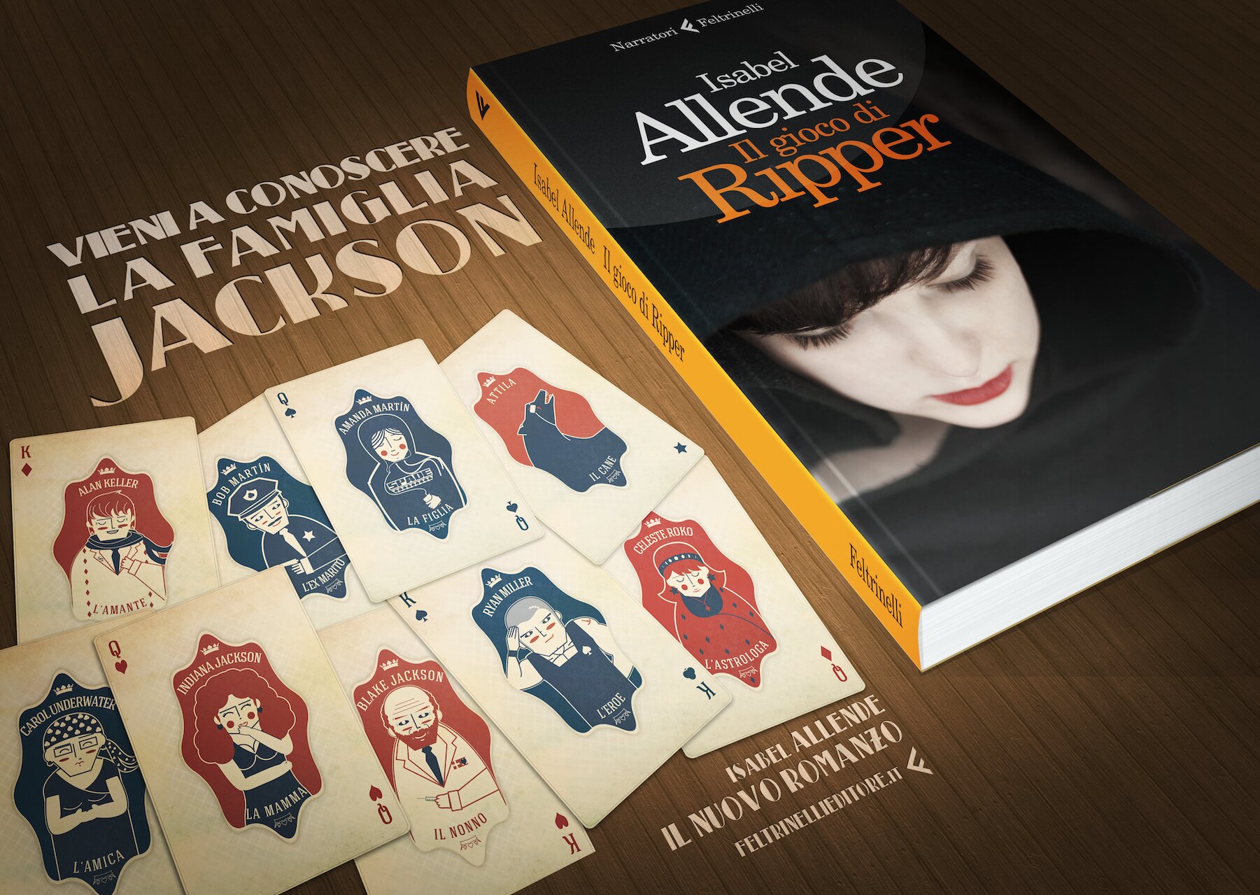 The playing cards with the Jackson family characters next to the Italian edition of Ripper