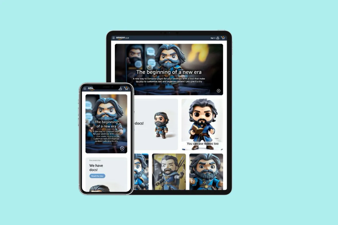 A documentation page made of Bento Story Tiles with an illustrated character, on a phone and a tablet