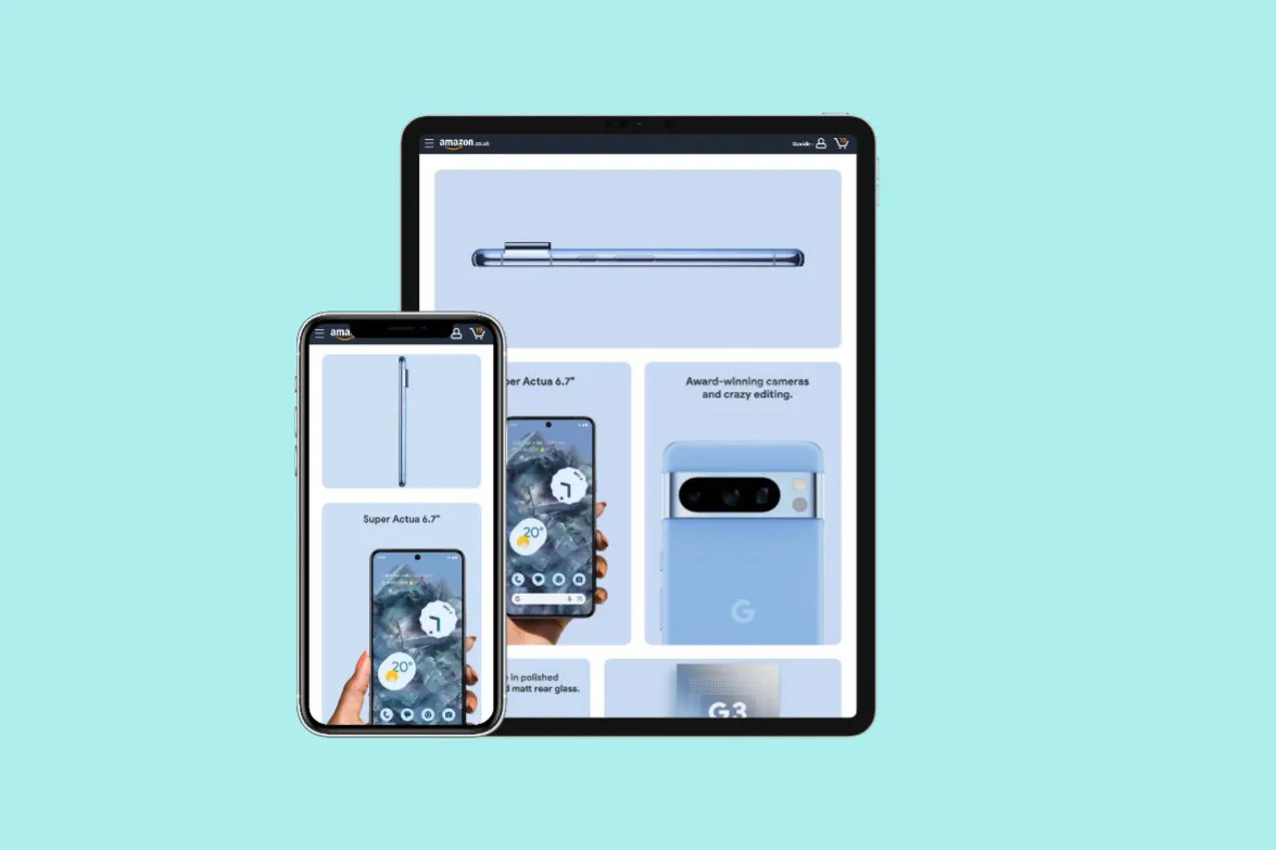 A Google Pixel brand store page built with Bento Story Tiles, on a phone and a tablet