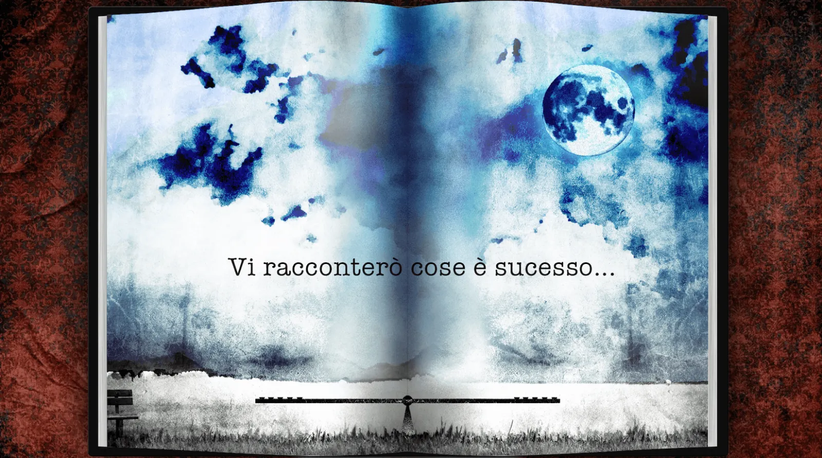 A frame of the booktrailer: an open book showing a moonlit sky over a meadow, with the first line of the narration