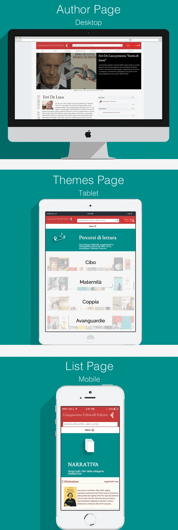 The author page on desktop, the reading themes page on tablet and a category list page on mobile
