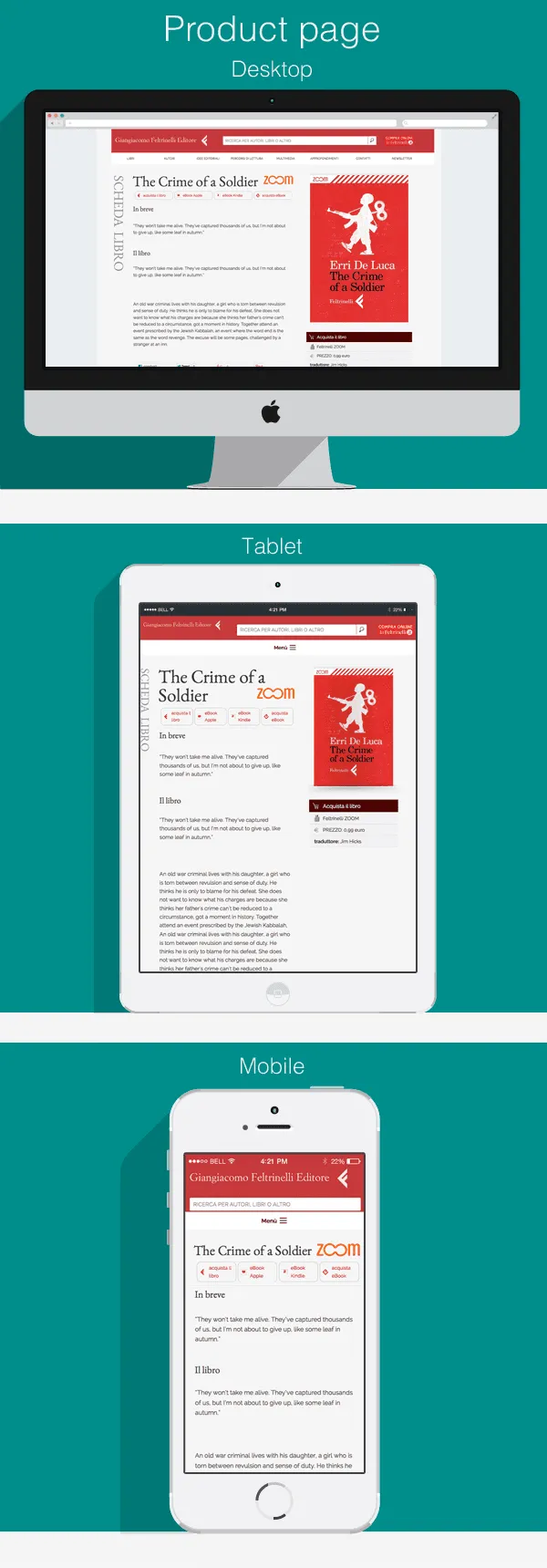 The book page for "The Crime of a Soldier" on desktop, tablet and mobile