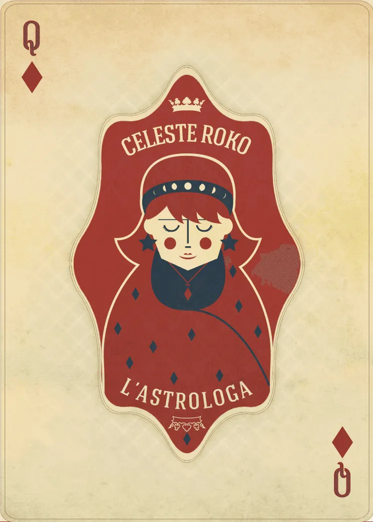 The queen of diamonds card: Celeste Roko, "l'astrologa", illustrated in red and dark blue