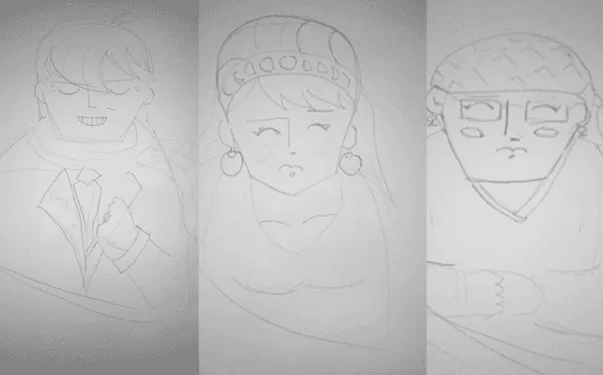 Pencil sketches of three characters