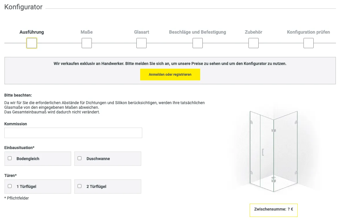 The customer configurator: six steps from model to review, installation and door options, and the live shower preview with the subtotal