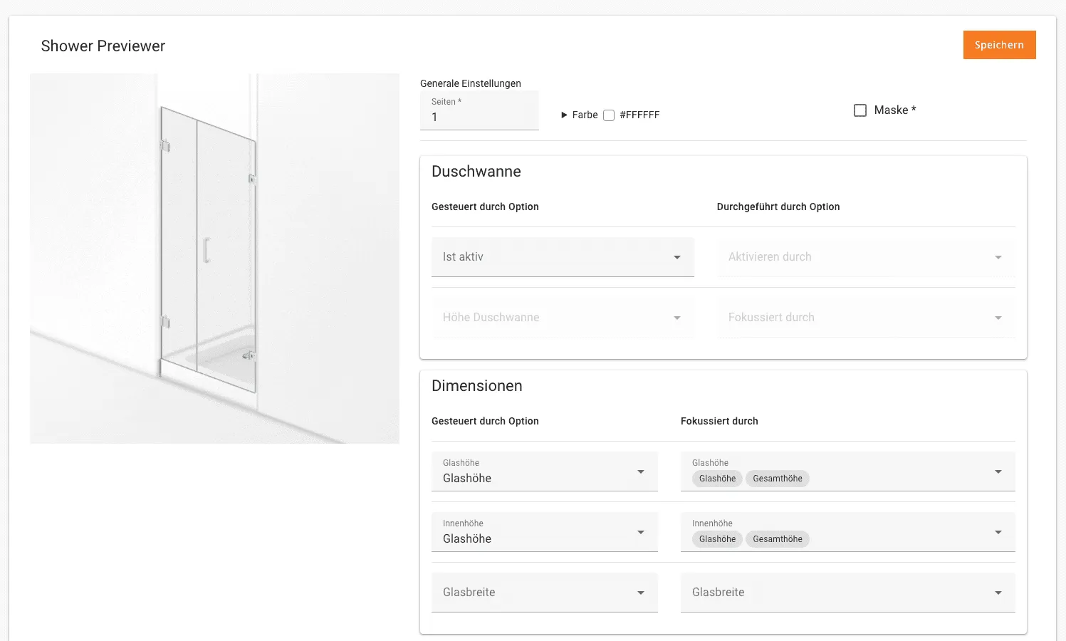 Shower Previewer admin: a shower preview on the left, settings for the shower tray and dimensions bound to configurator options on the right