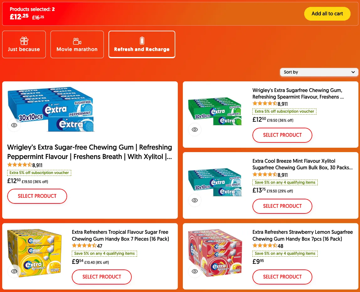 The gift picker: occasion filters such as "Refresh and Recharge" above a grid of Extra chewing gum products with ratings, prices and select buttons