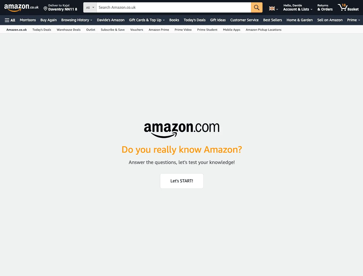 A minimal quiz start screen on Amazon: "Do you really know Amazon?"