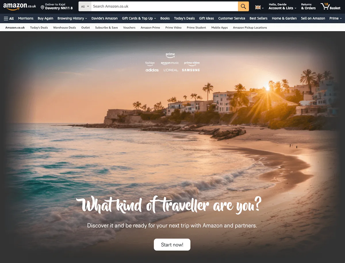 A travel quiz start screen on Amazon over a beach at sunset: "What kind of traveller are you?"