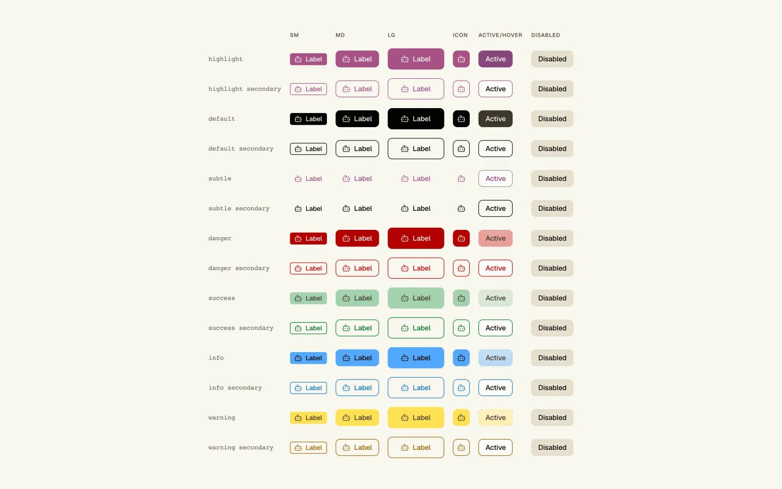 Flamingo button matrix: highlight, default, subtle, danger, success, info and warning intents, each in small, medium, large, icon, active and disabled states