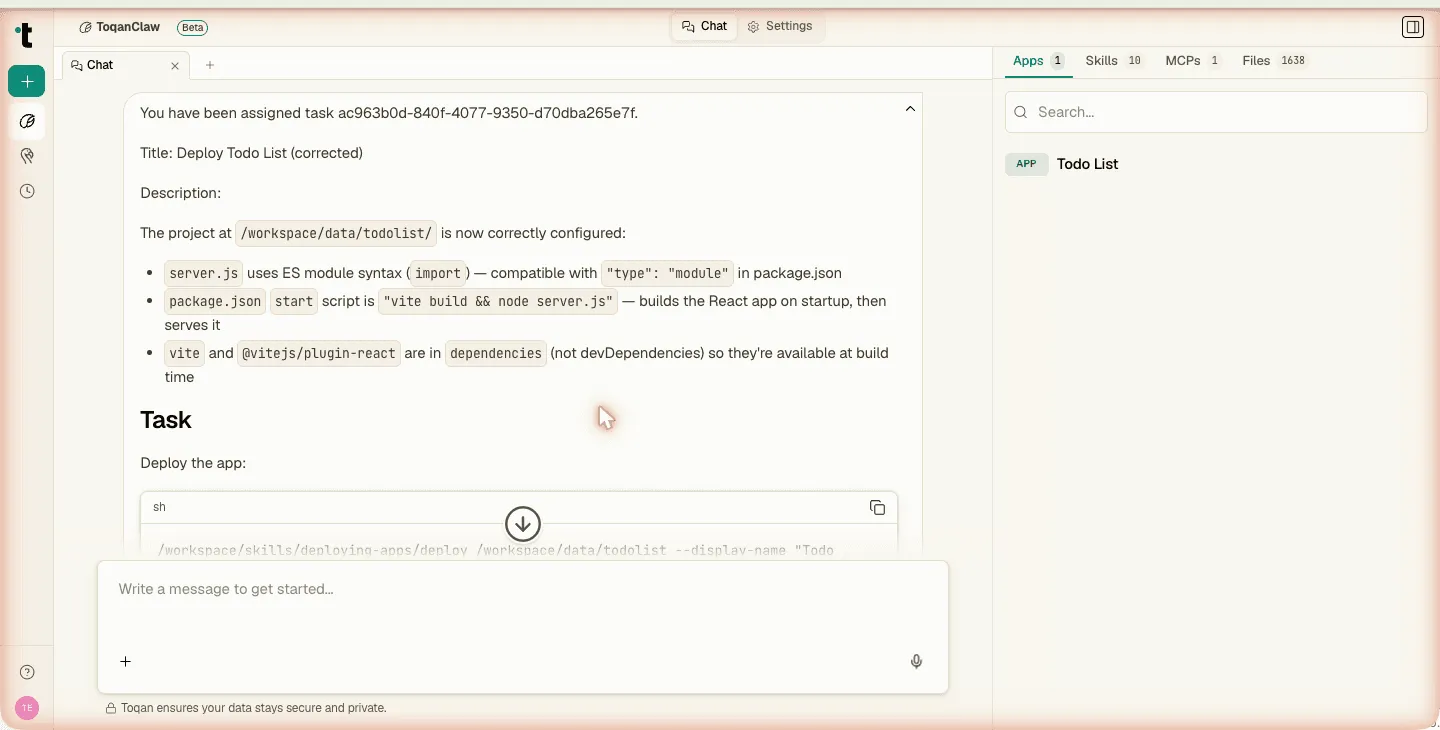 ToqanClaw workspace: a chat working through a deploy task on the left, the Apps, Skills, MCPs and Files panels on the right