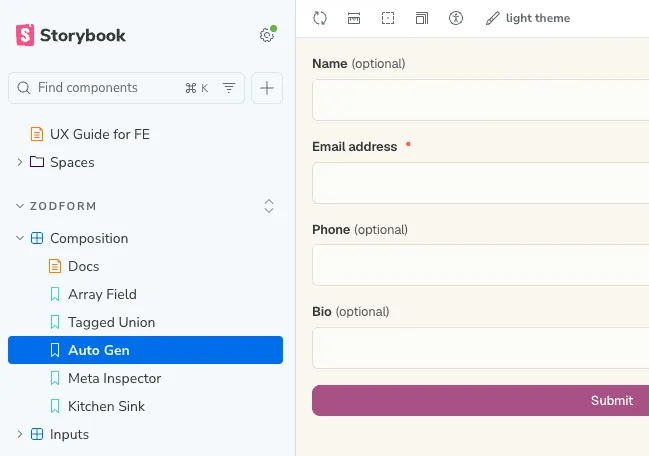 ZodForm in Storybook: a form generated from a schema, with name, email, phone and bio fields and a submit button