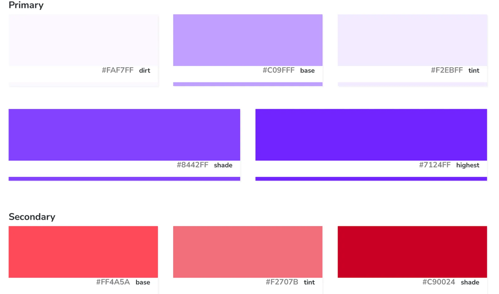 The color palette: primary purples and secondary reds, each swatch with its hex code and role
